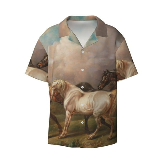 Fotbe Three Horses Oil Painting print Short Sleeve Button Down Shirts for Men Casual Summer Beach Wrinkle Free Shirt-4X-Large