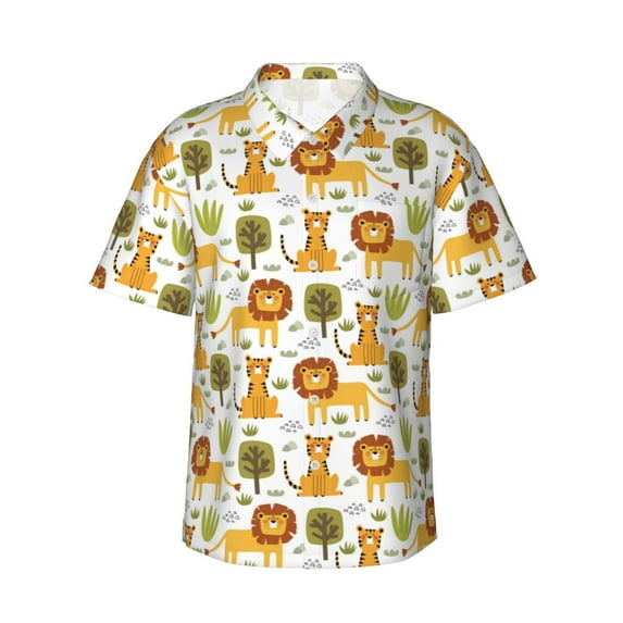 Fotbe Tiger Lion Hawaiian Shirt for Men Unisex Summer Beach Casual Short Sleeve Cotton Linen Button Down Shirts-Large