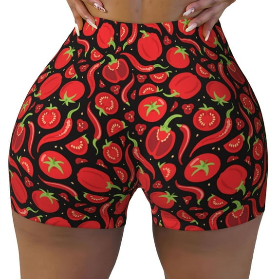 Fotbe Tomatoes And Chili Seamless Shorts, Womens Workout Shorts High Waist Stretch Booty Short for Gym/Yoga/Running/Biking-Large