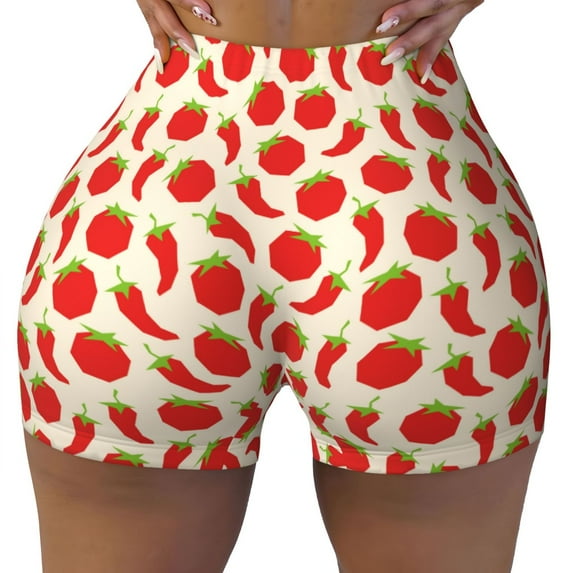 Fotbe Tomatoes And Chili Seamless Shorts, Womens Workout Shorts High Waist Stretch Booty Short for Gym/Yoga/Running/Biking-Small