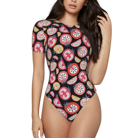 Fotbe Tomatoes Women's Crew Neck Short Sleeves Bodysuit Tops Round Neck Slim Sleeveless Soft Comfortable Basic-Small