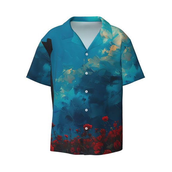 Fotbe Tower And Red Roses print Short Sleeve Button Down Shirts for Men Casual Summer Beach Wrinkle Free Shirt-X-Large