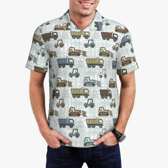 Fotbe Tractor and Dumper Pattern Men’s Golf Polo Shirt – Breathable Performance Golf Shirt with Button-Down Collar-Small