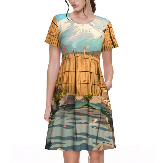 Fotbe Tranquil Garden Landscape Pattern Dress Casual Womens Fashion Short Sleeve Maxi Dress T Shirt Dress Striped Long Color Block Maxi Dress