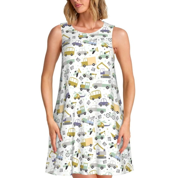 Fotbe Transport 1 Pattern Women’s Summer Tank Midi Dress – Sleeveless A-Line Dress, Floral T-Shirt Dress, Casual Flowing Beach Sundress