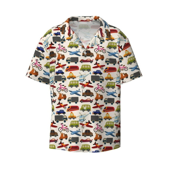 Fotbe Transport print Short Sleeve Button Down Shirts for Men Casual Summer Beach Wrinkle Free Shirt-Small