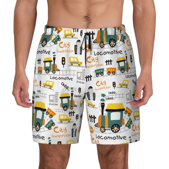 Fotbe Transportation Cartoon Men’s Swim Trunks Quick Dry Swim Shorts Board Shorts with Mesh Lining-XX-Large