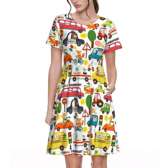 Fotbe Transports with Animals Pattern Dress Casual Womens Fashion Short Sleeve Maxi Dress T Shirt Dress Striped Long Color Block Maxi Dress