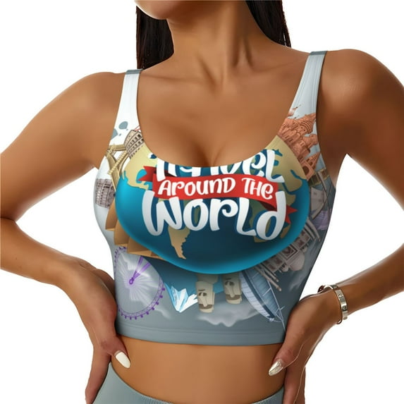 Fotbe Travel Around The World Pattern Womens' Sports Bra Longline Wirefree Padded with Medium Support Sports Moisture-Wicking Workou Vest,Tank Top-
