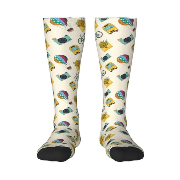 Fotbe Travel Elements print Women's Men's Novelty Crew Socks Cotton Socks Knee High Socks for Walking,Running,Nurses,Pregnancy
