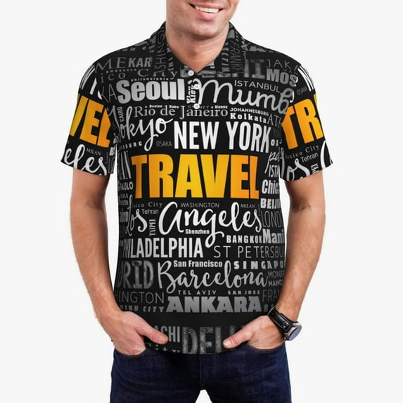 Fotbe Travel Pattern Men’s Golf Polo Shirt – Breathable Performance Golf Shirt with Button-Down Collar-4X-Large