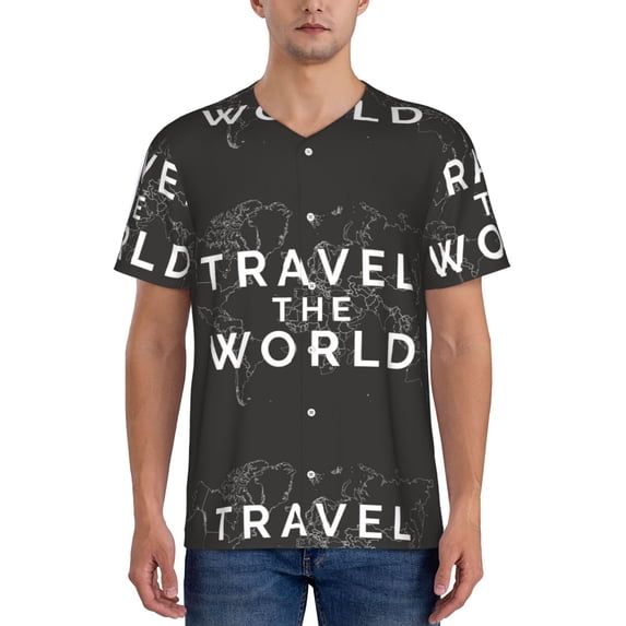 Fotbe Travel The World1 Baseball Jersey Shirt for Men and Women, Casual Short Sleeves Button Down T-Shirt-Large