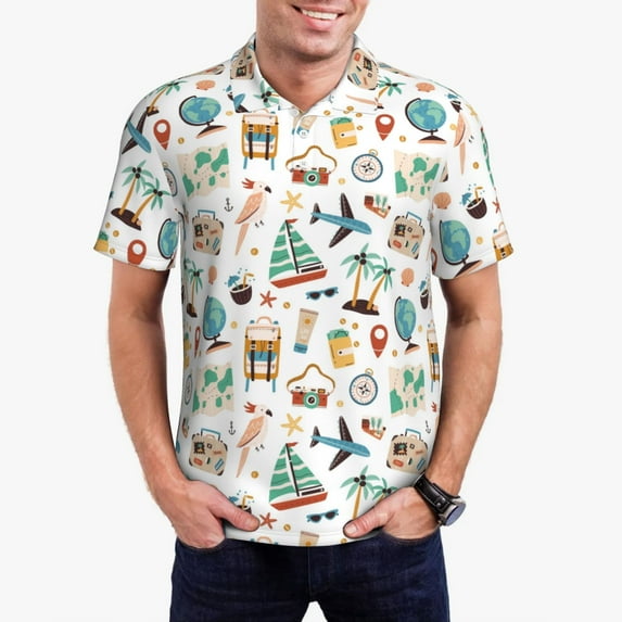 Fotbe Travel1 Pattern Men’s Golf Polo Shirt – Breathable Performance Golf Shirt with Button-Down Collar-Medium