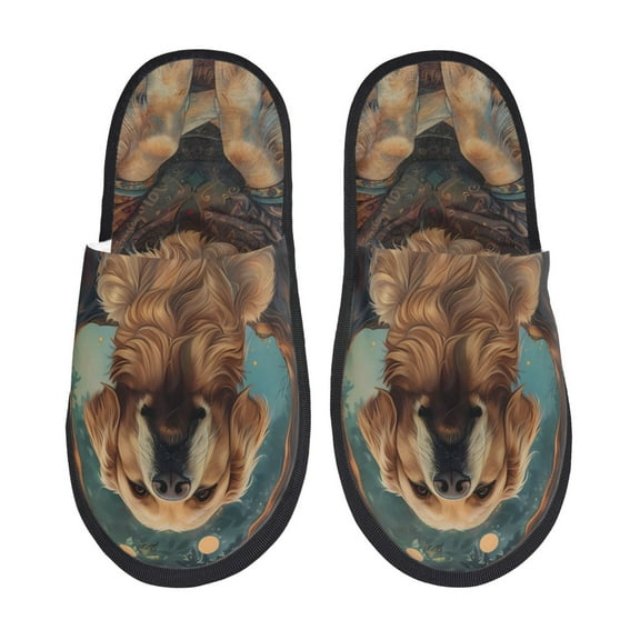 Fotbe Tree Meditating Golden Retriever Pattern Women's Fuzzy Slippers Plush Slippers Fluffy Winter House Shoes Indoor and Outdoor-Medium