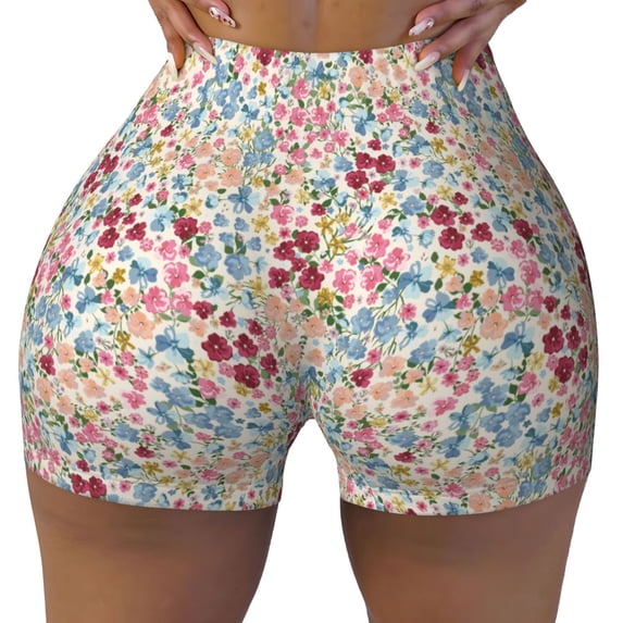 Fotbe Trendy Floral Design Seamless Shorts, Womens Workout Shorts High Waist Stretch Booty Short for Gym/Yoga/Running/Biking-