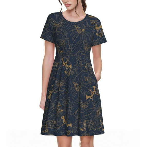 Fotbe Tropical Butterfly Pattern Dress Casual Womens Fashion Short Sleeve Maxi Dress T Shirt Dress Striped Long Color Block Maxi Dress