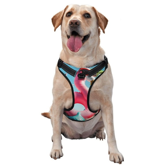 Fotbe Tropical Flamingo Pool Float Pattern Dog Harness, No-Pull Pet Harness with 2 Leash Clips, Adjustable Soft Padded Dog Vest with Easy Control Handle for Large Dogs-Large