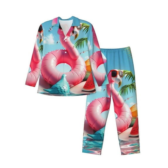 Fotbe Tropical Flamingo Pool Float Pattern Long Sleeve Pajama Set for Men,Sleepwear Set,2-piece Loungewear Set,Soft PJs Comfy Nightwear with Pockets-Medium