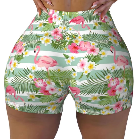 Fotbe Tropical Flamingo Seamless Shorts, Womens Workout Shorts High Waist Stretch Booty Short for Gym/Yoga/Running/Biking-X-Large