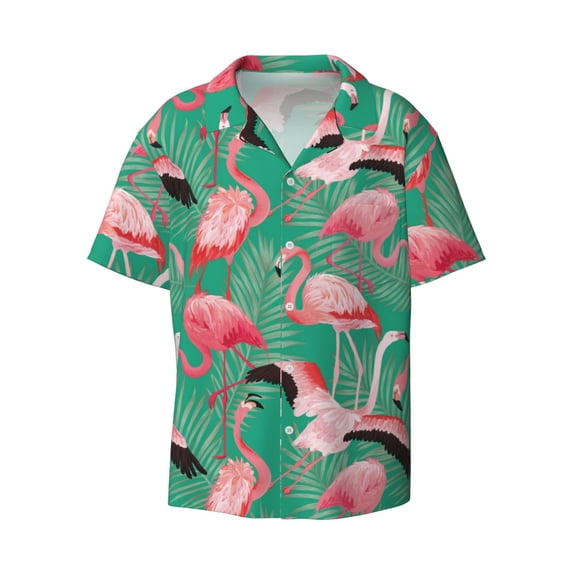 Fotbe Tropical Flamingo print Short Sleeve Button Down Shirts for Men Casual Summer Beach Wrinkle Free Shirt-X-Large