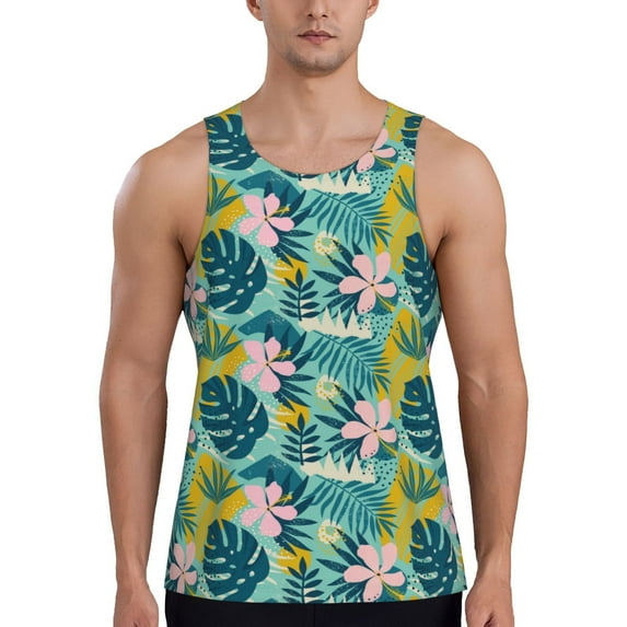 Fotbe Tropical Floral Pattern Men's Quick Dry Workout Tank Top Gym Muscle Tee Fitness Bodybuilding Sleeveless T Shirt Breathable Workout Shirt-Medium