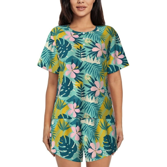 Fotbe Tropical Floral Print Pajama Set for Women 2 Piece Loungewear Short Sleeve Tops and Shorts Set Soft Sleepwear-