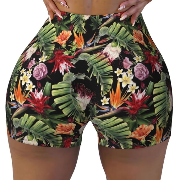 Fotbe Tropical Flowers (2) Seamless Shorts, Womens Workout Shorts High Waist Stretch Booty Short for Gym/Yoga/Running/Biking-Small