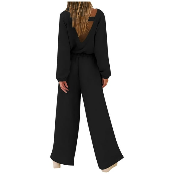 Women's Fashion Sporty Long Sleeve Solid Color Backless Jumpsuit Set Pant Jumpsuits for Women Women Jumpsuits Romper Dress Daytime Jumpsuits for Women Homecoming Suits for Women plus Rompers And