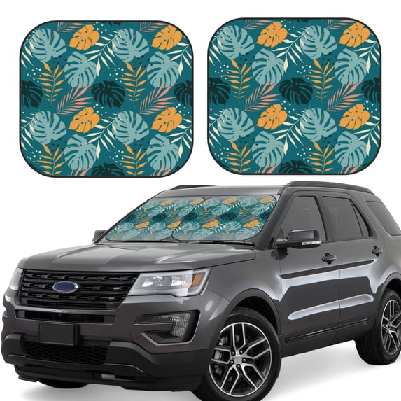 Fotbe Tropical Leaves 2-Piece Car Windshield Sun Shade | Sun Blocker for Car Windshield | Foldable Automotive Interior Accessories for Sun Protection-Large