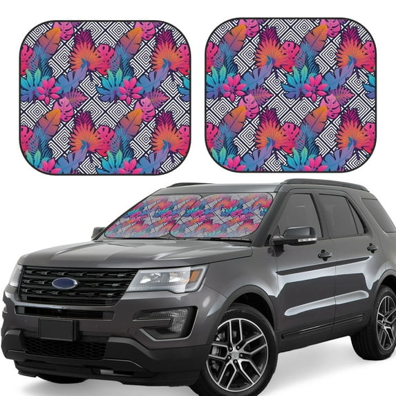 Fotbe Tropical Leaves 2-Piece Car Windshield Sun Shade | Sun Blocker for Car Windshield | Foldable Automotive Interior Accessories for Sun Protection-Small