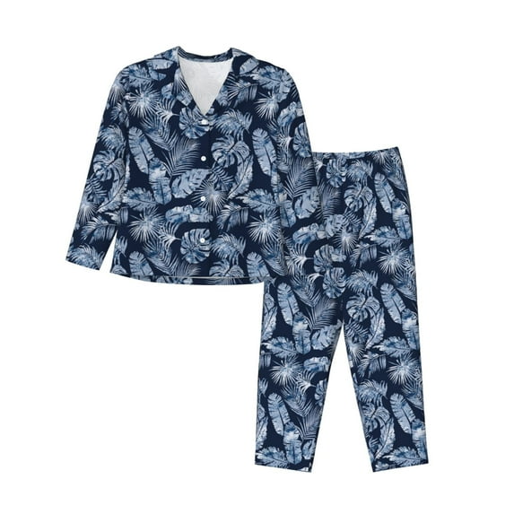 Fotbe Tropical Leaves Pattern Long Sleeve Pajama Set for Women,Sleepwear Set,2-piece Loungewear Set,Soft PJs Comfy Nightwear with Pockets -Medium