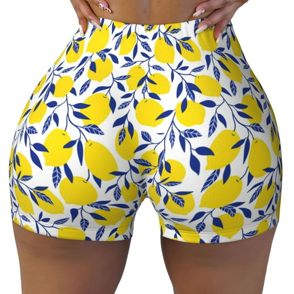 Fotbe Tropical Lemon Seamless Shorts, Womens Workout Shorts High Waist Stretch Booty Short for Gym/Yoga/Running/Biking-Large