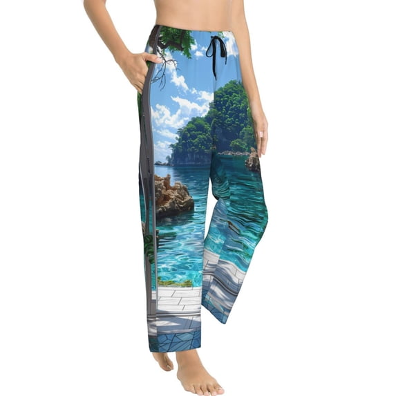 Fotbe Tropical Paradise Window View Women's Pajama Pants,Sleepwear Pants,Pj Bottoms Drawstring And Pockets-Medium