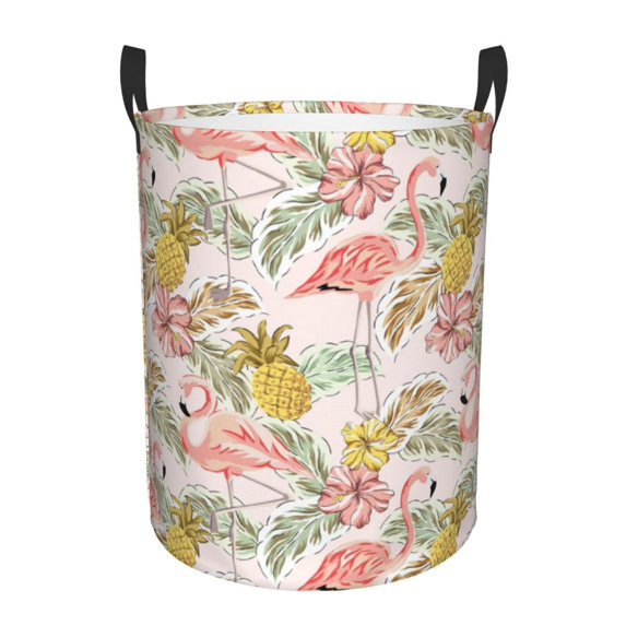 Fotbe Tropical Pink Flamingo Pineapple Laundry Basket with Handles, Waterproof Large Laundry Hamper, Wash Bag for Corner Dorm, Rolling Laundry Basket with Handles-Medium