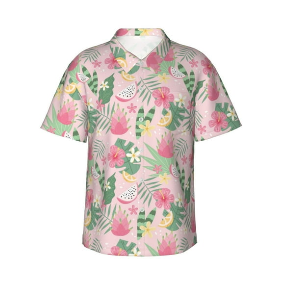 Fotbe Tropical Pitaya Hawaiian Shirt for Men Unisex Summer Beach Casual Short Sleeve Cotton Linen Button Down Shirts-XX-Large