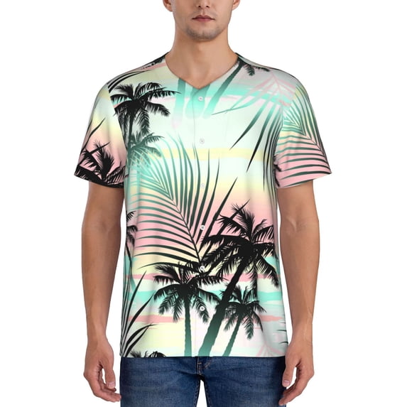 Fotbe Tropical Summer Palm Baseball Jersey Shirt for Men and Women, Casual Short Sleeves Button Down T-Shirt-3X-Large