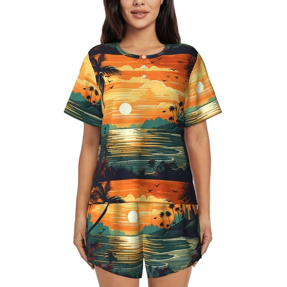 Fotbe Tropical Sunset Paradise Print Pajama Set for Women 2 Piece Loungewear Short Sleeve Tops and Shorts Set Soft Sleepwear-Small