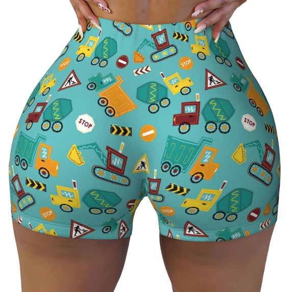 Fotbe Trucks And Excavators Seamless Shorts, Womens Workout Shorts High Waist Stretch Booty Short for Gym/Yoga/Running/Biking-XX-Large