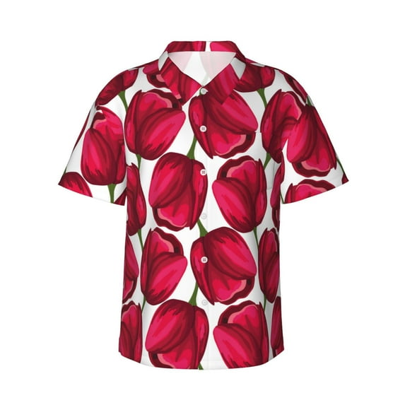 Fotbe Tulips Flowers Hawaiian Shirt for Men Unisex Summer Beach Casual Short Sleeve Cotton Linen Button Down Shirts-3X-Large