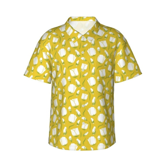 Fotbe Tulips Flowers Hawaiian Shirt for Men Unisex Summer Beach Casual Short Sleeve Cotton Linen Button Down Shirts-Small