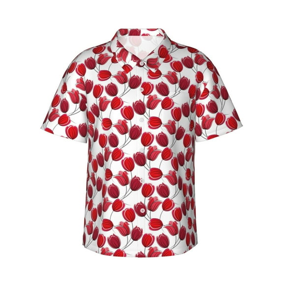 Fotbe Tulips Flowers Hawaiian Shirt for Men Unisex Summer Beach Casual Short Sleeve Cotton Linen Button Down Shirts-XX-Large