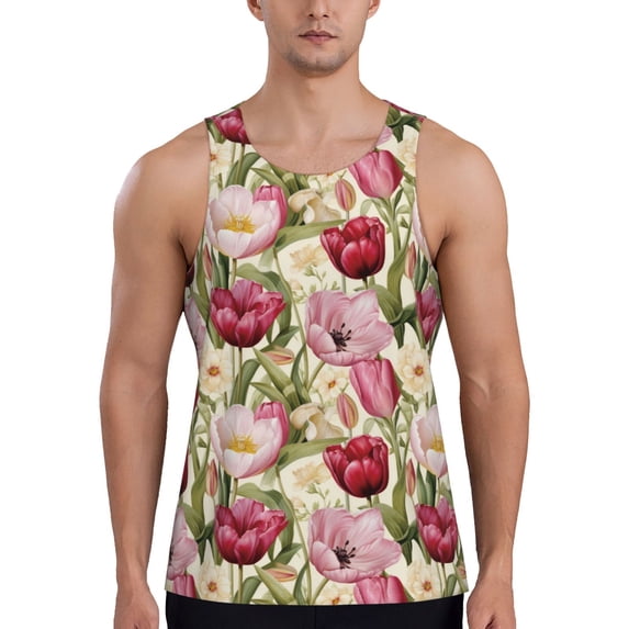 Fotbe Tulips Flowers Pattern Men's Quick Dry Workout Tank Top Gym Muscle Tee Fitness Bodybuilding Sleeveless T Shirt Breathable Workout Shirt-Large