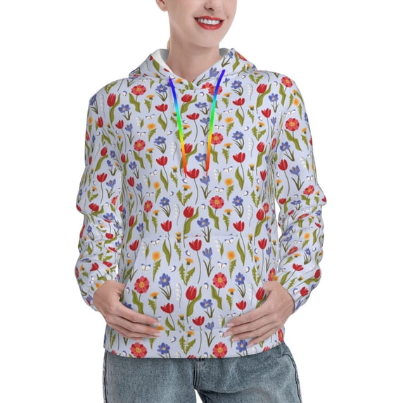 Fotbe Tulips Flowers Pattern Womens Long Sleeve Hoodie, Pullover Hooded Sweatshirt, Kangaroo Pocket Hoodie with Eye-catching Drawstrings-Large