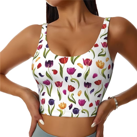 Fotbe Tulips Flowers Pattern Womens' Sports Bra Longline Wirefree Padded with Medium Support Sports Moisture-Wicking Workou Vest,Tank Top-Medium