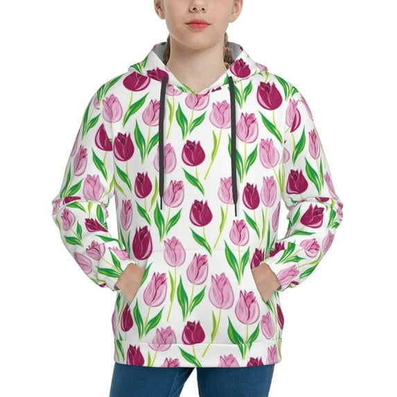 Fotbe Tulips Flowers Pattern Youth Pullover Hooded Sweatshirt, Boys Hoodie, Kangaroo Pocket Hoodie for Kids Girls -Small