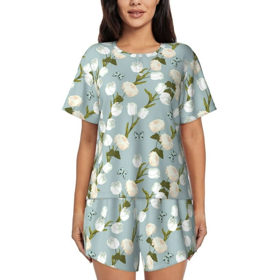 Fotbe Tulips Flowers Print Pajama Set for Women 2 Piece Loungewear Short Sleeve Tops and Shorts Set Soft Sleepwear-X-Large