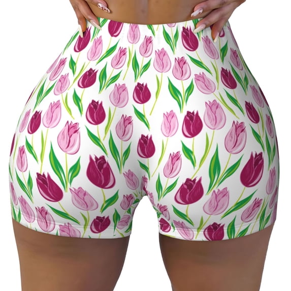 Fotbe Tulips Flowers Seamless Shorts, Womens Workout Shorts High Waist Stretch Booty Short for Gym/Yoga/Running/Biking-Small