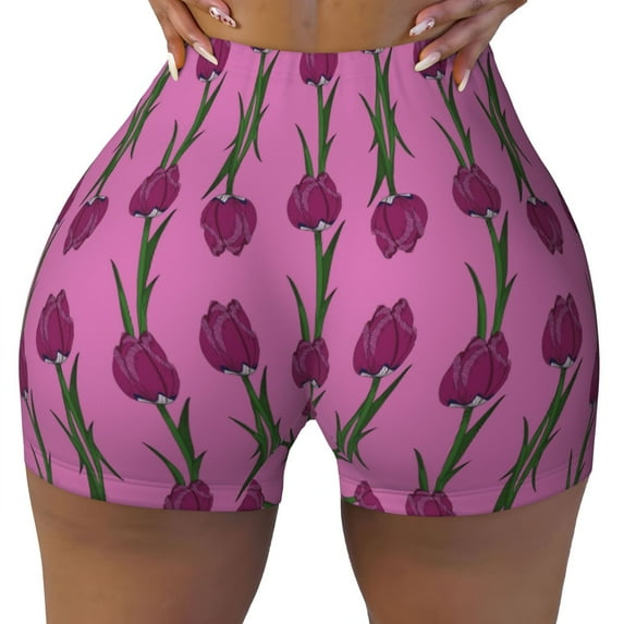Fotbe Tulips Flowers Seamless Shorts, Womens Workout Shorts High Waist Stretch Booty Short for Gym/Yoga/Running/Biking-Small