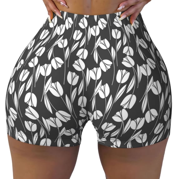 Fotbe Tulips Flowers Seamless Shorts, Womens Workout Shorts High Waist Stretch Booty Short for Gym/Yoga/Running/Biking-XX-Large