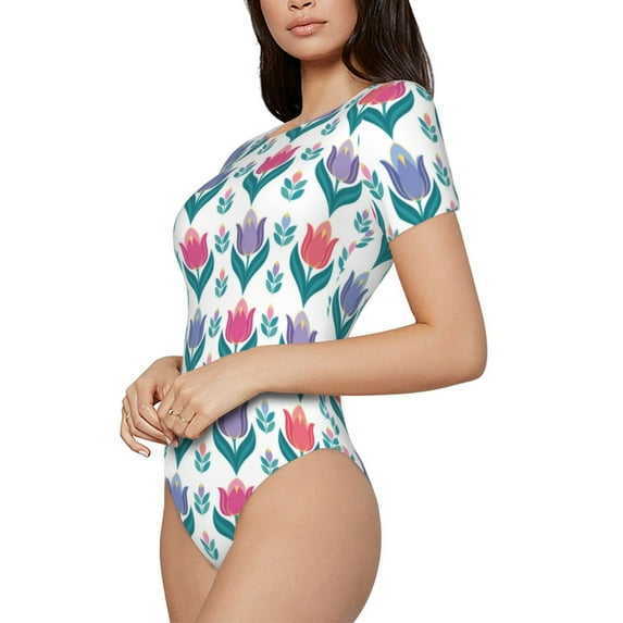 Fotbe Tulips Flowers Women's Crew Neck Short Sleeves Bodysuit Tops Round Neck Slim Sleeveless Soft Comfortable Basic-XX-Large